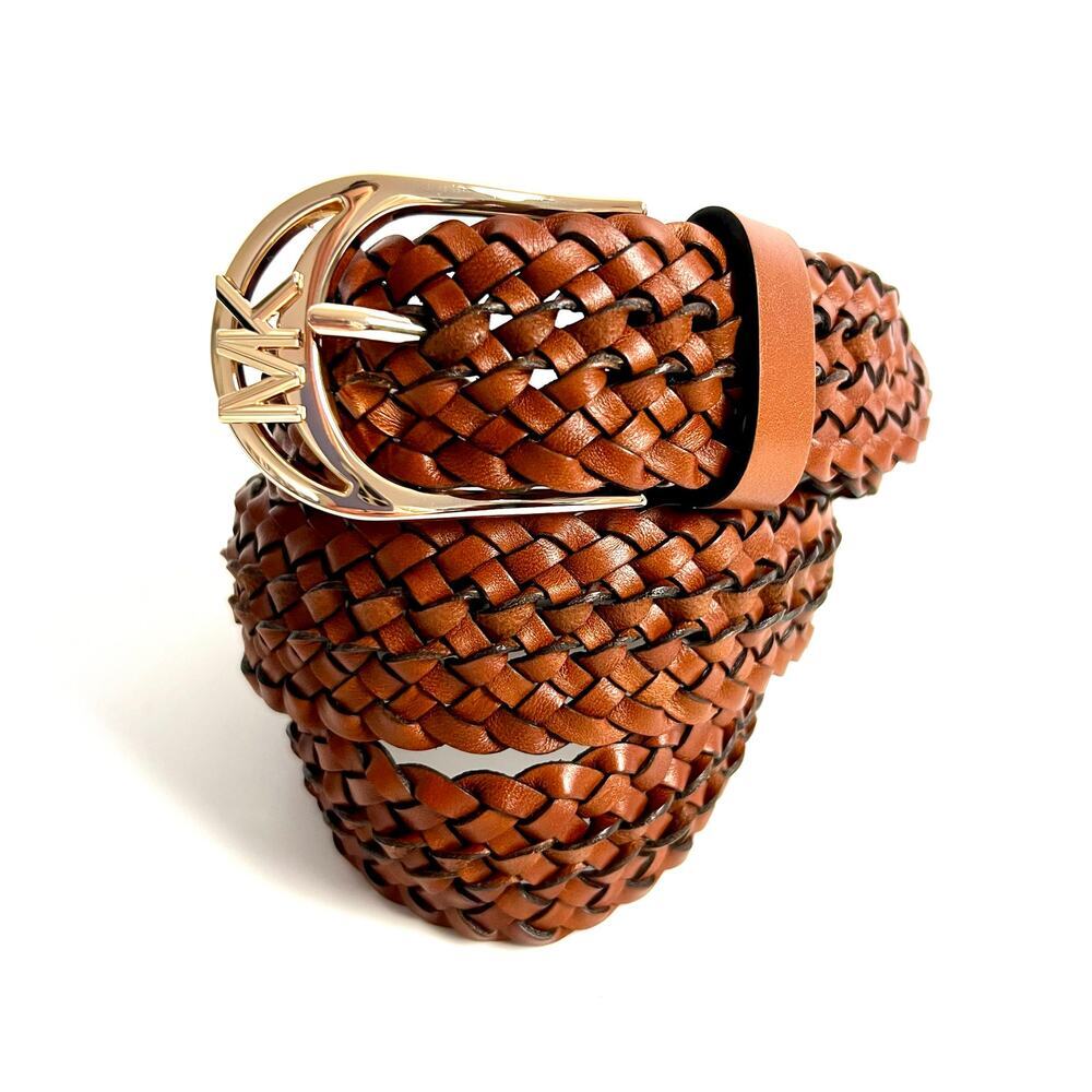NEW Michael Kors Brown Braided Genuine Leather Belt Gold MK Logo Buckle S/M